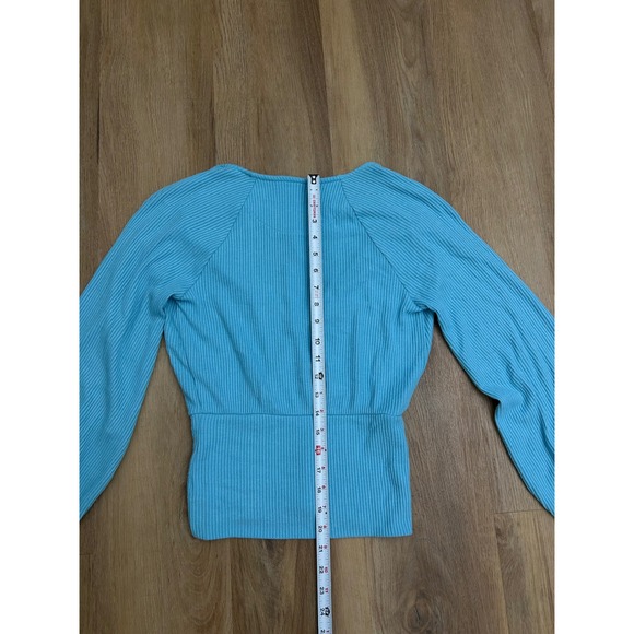 Anthropologie light blue Ribbed Wrap Top Long Sleeve Balloon Cuff Blue XS NEW - Picture 5 of 6